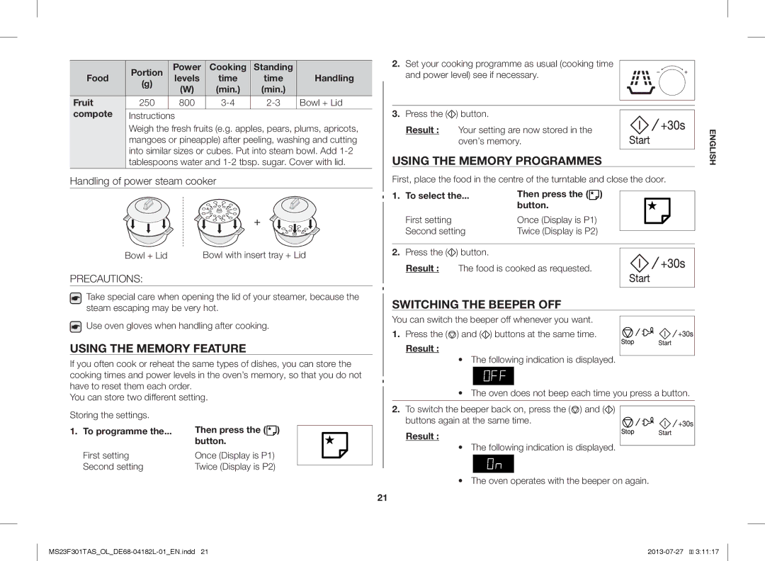 Samsung MS23F301TAS/EO manual Using the Memory Feature, Using the Memory Programmes, Switching the Beeper OFF, Precautions 