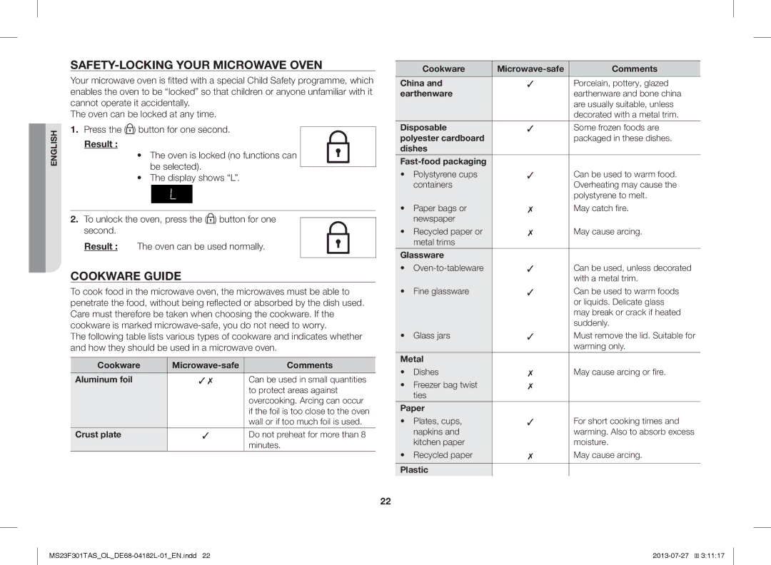 Samsung MS23F301TAK/ZA, MS23F301TAS/EO, MS23F301TAS/OL, MS23F301TAK/OL SAFETY-LOCKING Your Microwave Oven, Cookware Guide 