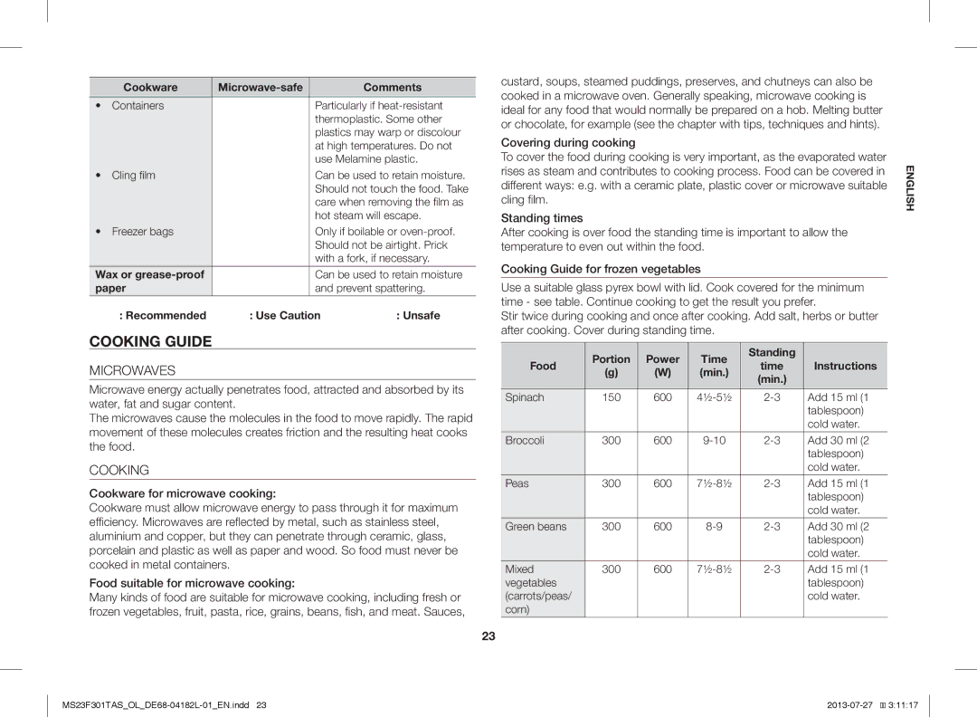 Samsung MS23F301TAS/OL, MS23F301TAS/EO, MS23F301TAK/ZA, MS23F301TAK/OL, MS23F301TAW/OL manual Cooking Guide, Microwaves 