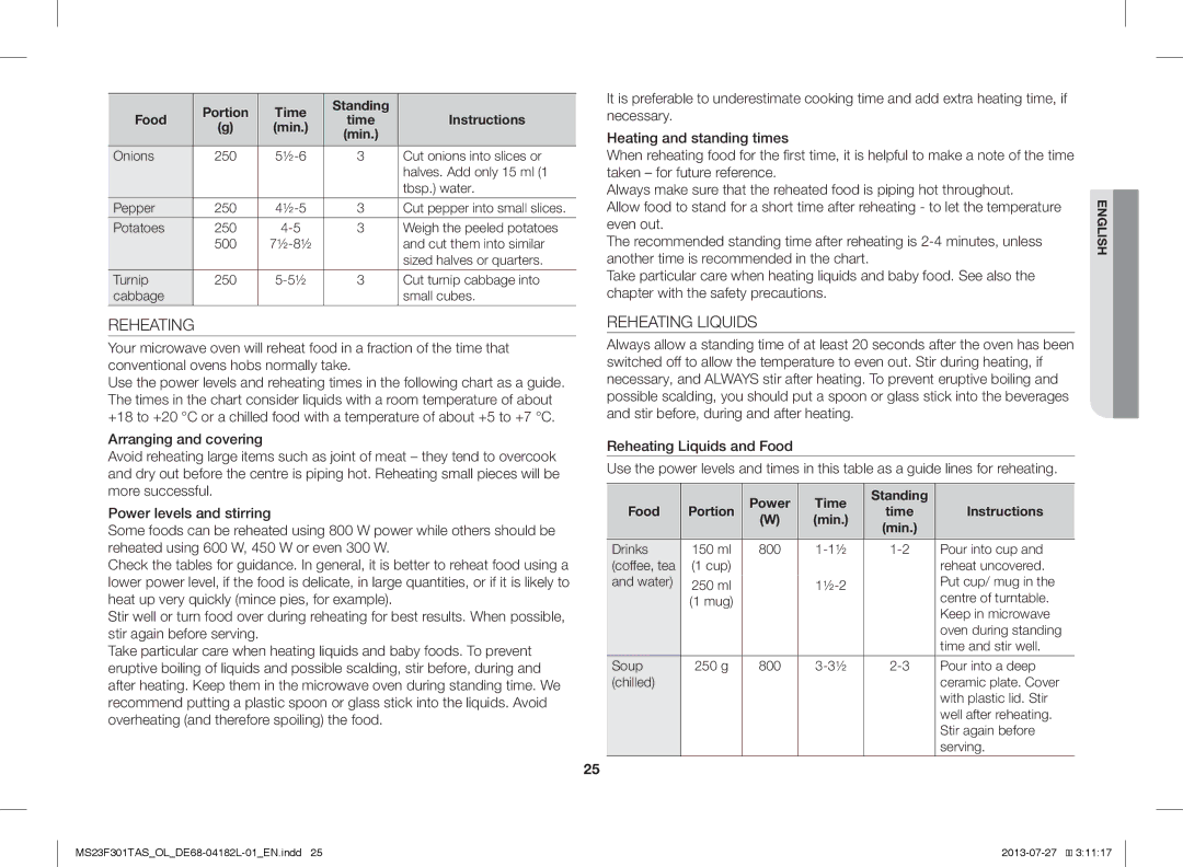 Samsung MS23F301TAW/OL, MS23F301TAS/EO manual Reheating Liquids, Power Time Standing Food Portion Instructions Min 