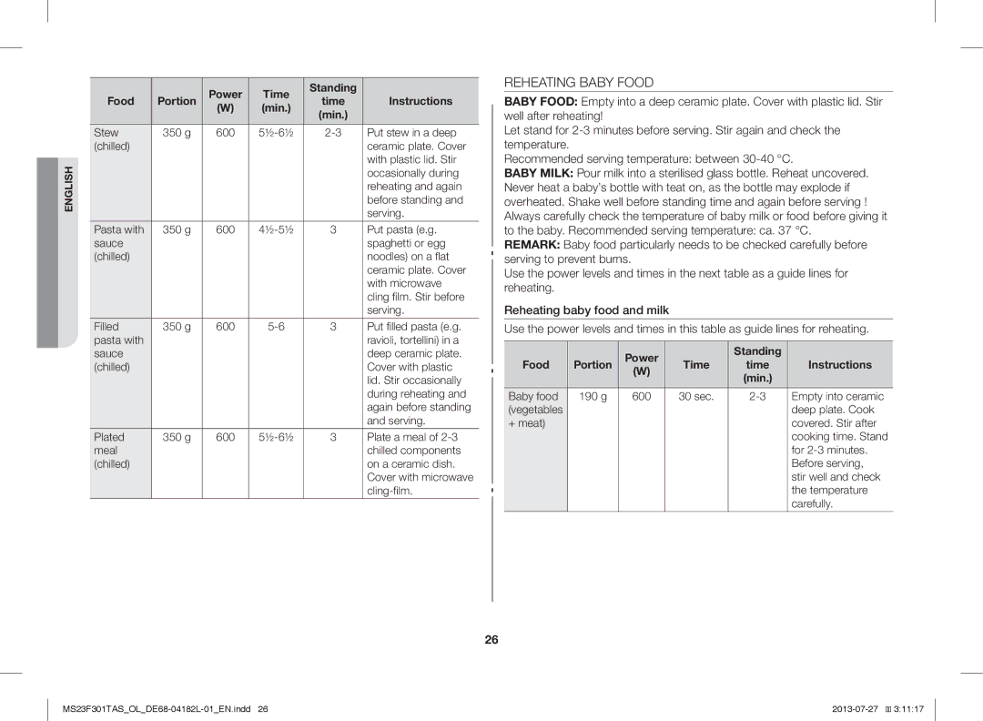 Samsung MS23F301TAS/LI manual Reheating Baby Food, Power Time Standing Food, Power Standing Food Portion Time Instructions 