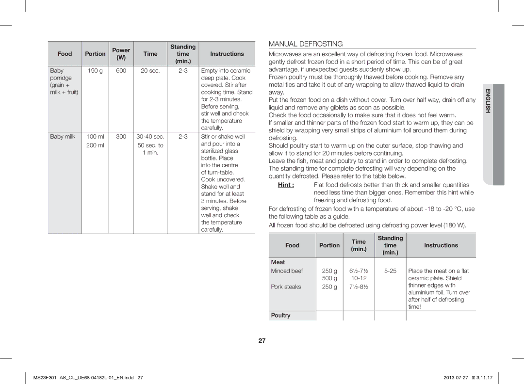 Samsung MS23F301TAK/LI, MS23F301TAS/EO manual Manual Defrosting, Power Standing Food, Time Instructions, Time Standing Food 