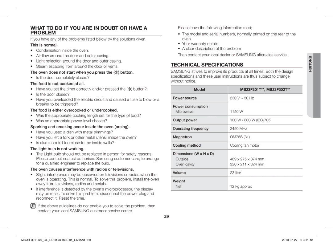 Samsung MS23F301TAK/ZA, MS23F301TAS/EO manual What to do if YOU are in Doubt or have a Problem, Technical Specifications 