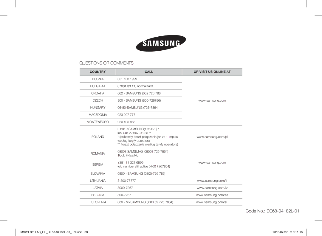 Samsung MS23F301TAS/OL, MS23F301TAS/EO, MS23F301TAK/ZA, MS23F301TAK/OL, MS23F301TAW/OL, MS23F301TAS/LI Code No. DE68-04182L-01 