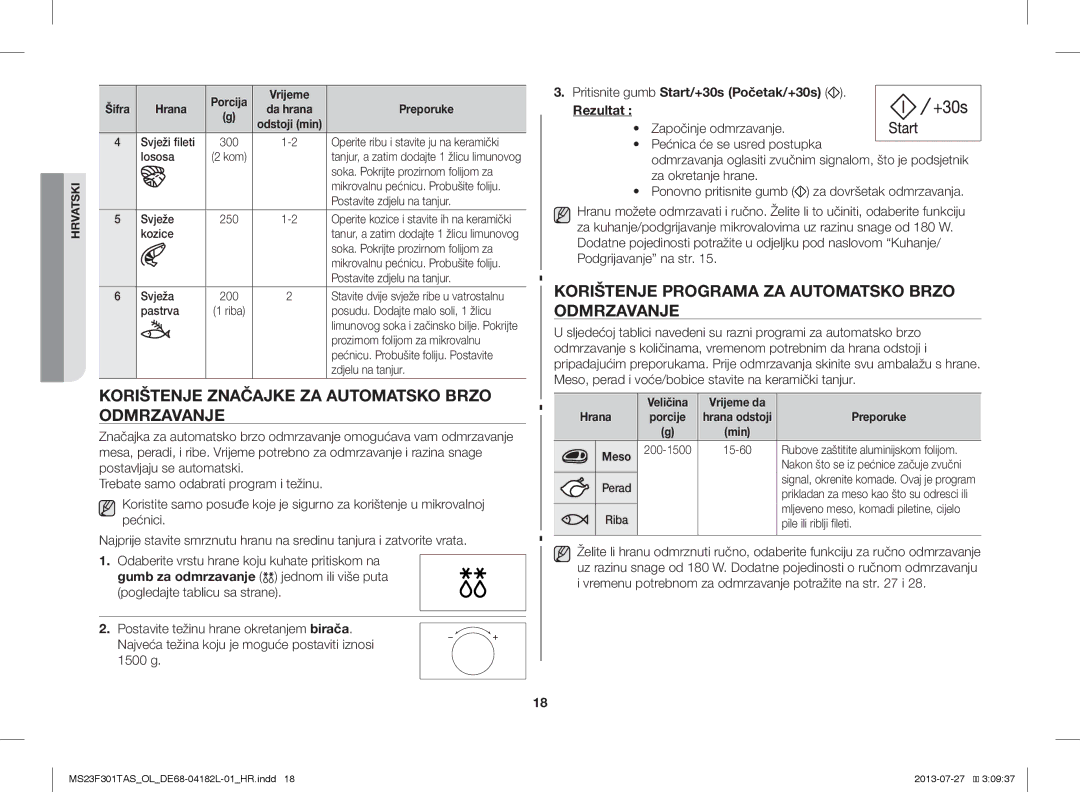 Samsung MS23F301TAK/LI, MS23F301TAS/EO, MS23F301TAK/ZA manual Korištenje Značajke ZA Automatsko Brzo Odmrzavanje, Min 