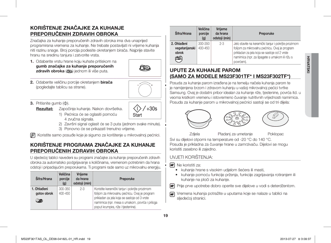 Samsung MS23F301TAS/EO manual Korištenje Značajke ZA Kuhanje Preporučenih Zdravih Obroka, Uvjeti Korištenja, Šifra/Hrana 