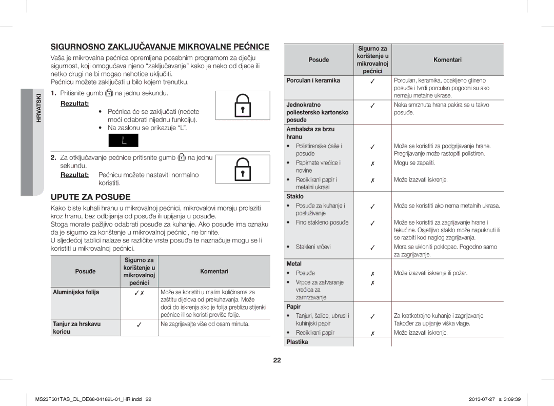 Samsung MS23F301TAK/OL, MS23F301TAS/EO, MS23F301TAK/ZA manual Sigurnosno Zaključavanje Mikrovalne Pećnice, Upute ZA Posuđe 