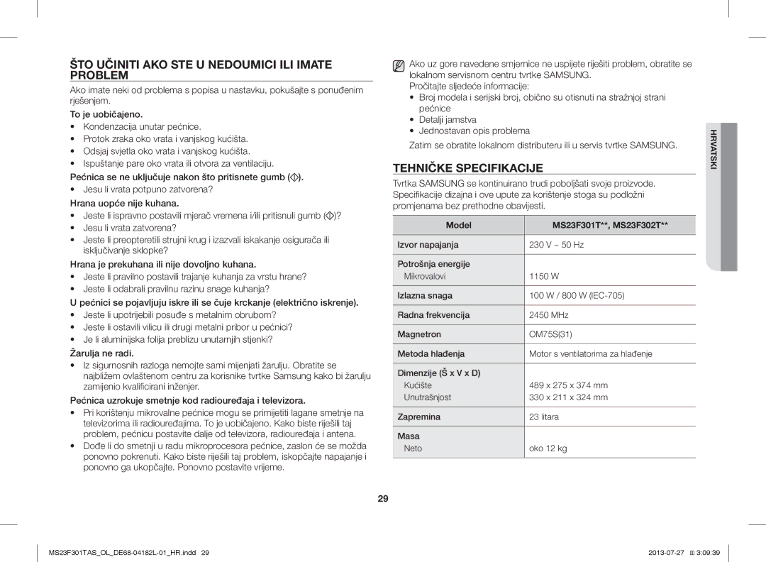 Samsung MS23F301TAK/OL, MS23F301TAS/EO manual ŠTO Učiniti AKO STE U Nedoumici ILI Imate Problem, Tehničke Specifikacije 