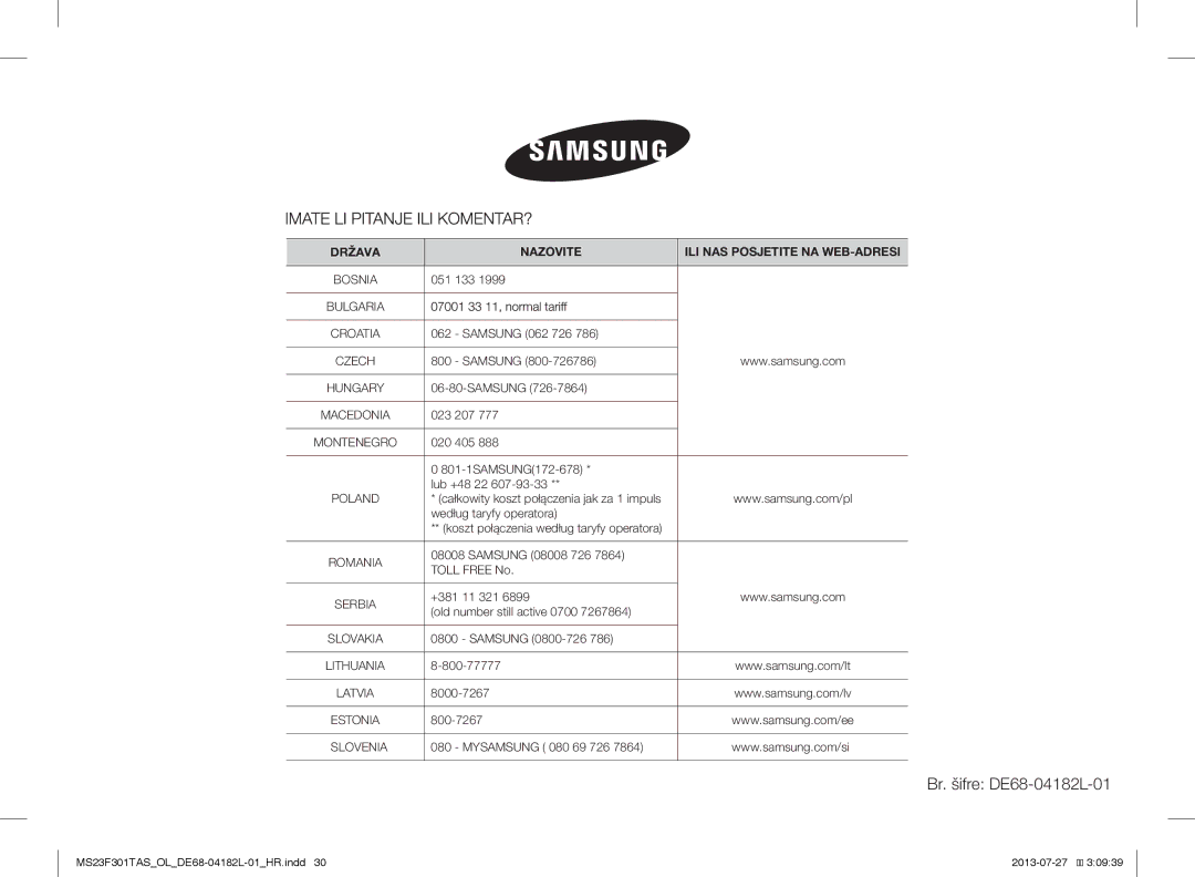 Samsung MS23F301TAW/OL, MS23F301TAS/EO, MS23F301TAK/ZA, MS23F301TAS/OL, MS23F301TAK/OL manual Br. šifre DE68-04182L-01 