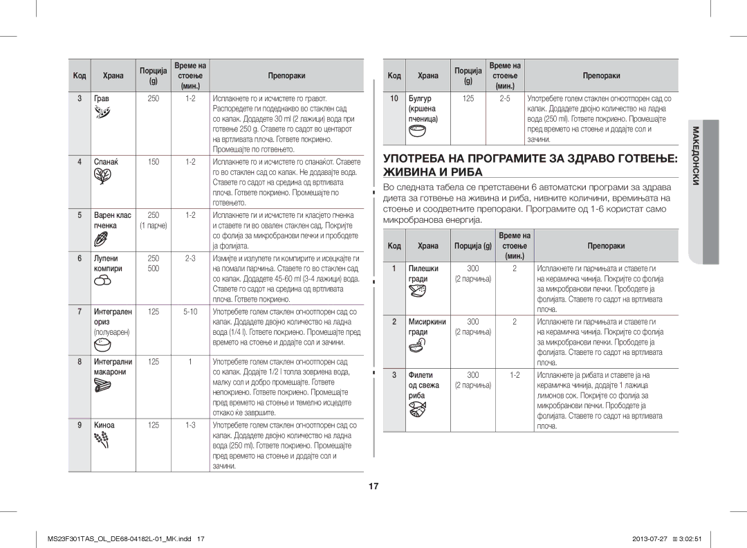 Samsung MS23F301TAS/EO, MS23F301TAK/ZA, MS23F301TAS/OL manual Употреба НА Програмите ЗА Здраво Готвење Живина И Риба 