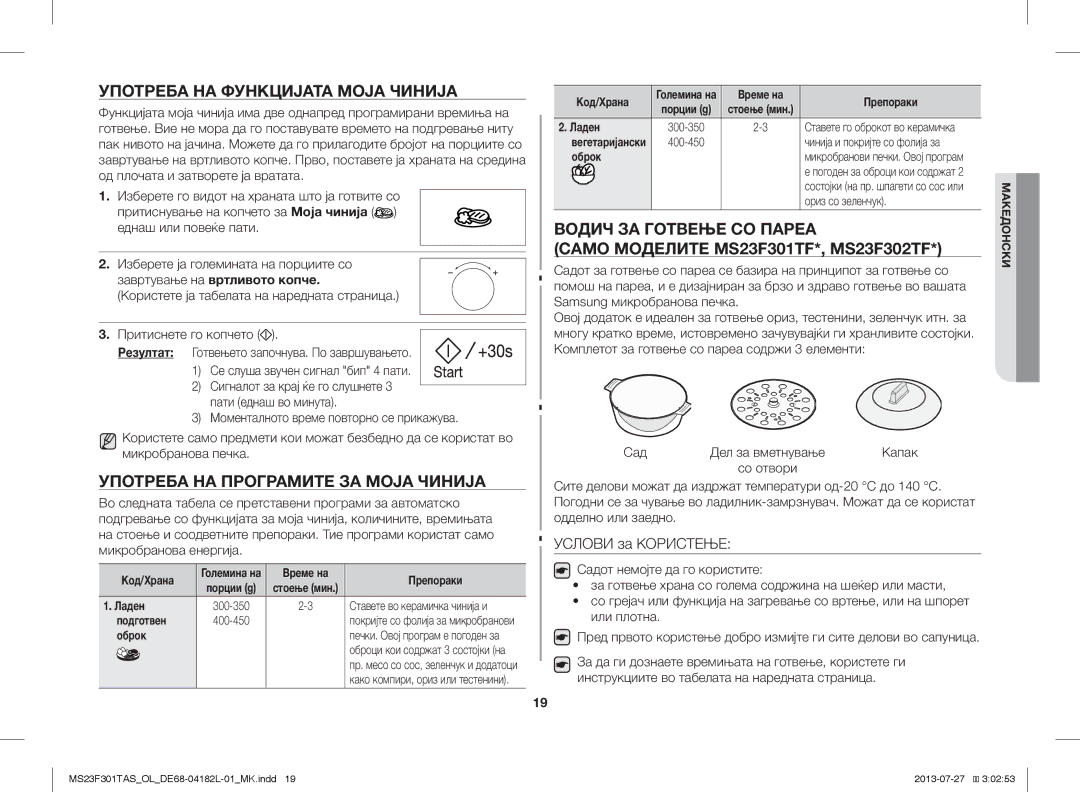 Samsung MS23F301TAS/OL Употреба НА Функцијата Моја Чинија, Употреба НА Програмите ЗА Моја Чинија, Ладен, Подготвен, Оброк 