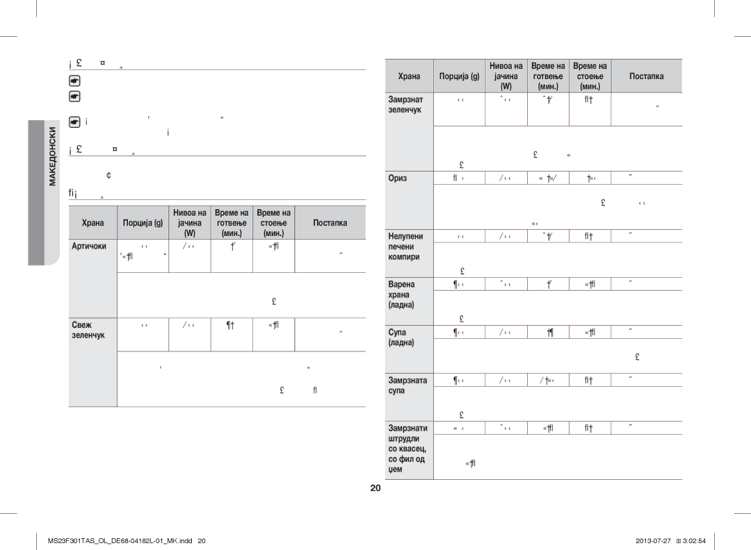 Samsung MS23F301TAK/OL, MS23F301TAS/EO, MS23F301TAK/ZA, MS23F301TAS/OL, MS23F301TAW/OL manual Одржување, Одмрзнување, Готвење 
