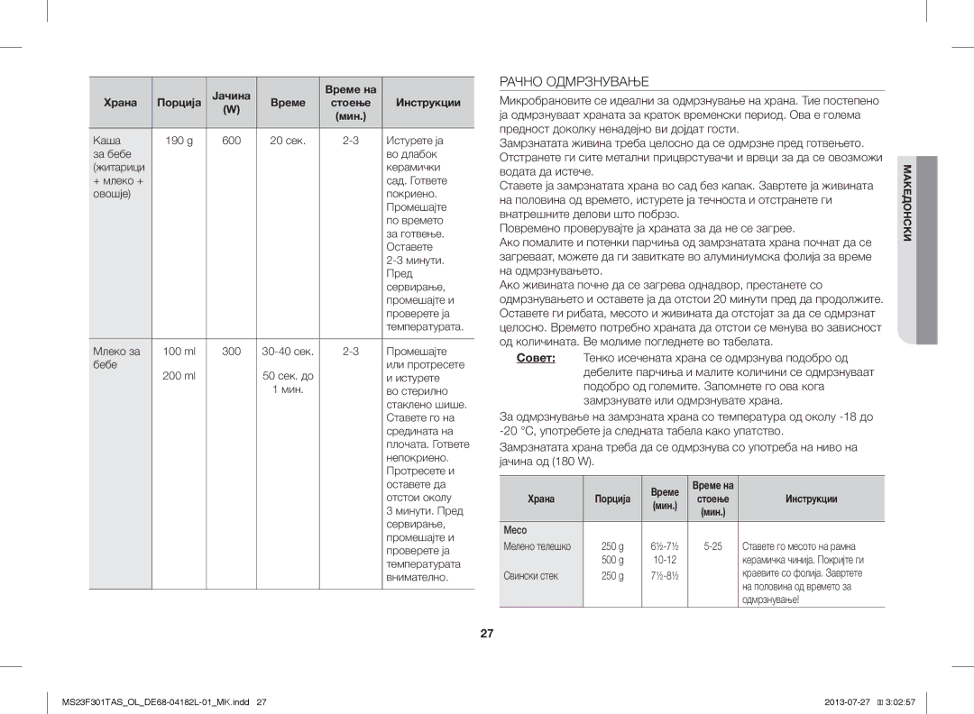 Samsung MS23F301TAK/OL, MS23F301TAS/EO, MS23F301TAK/ZA, MS23F301TAS/OL, MS23F301TAW/OL Рачно Одмрзнување, Храна Порција Време 