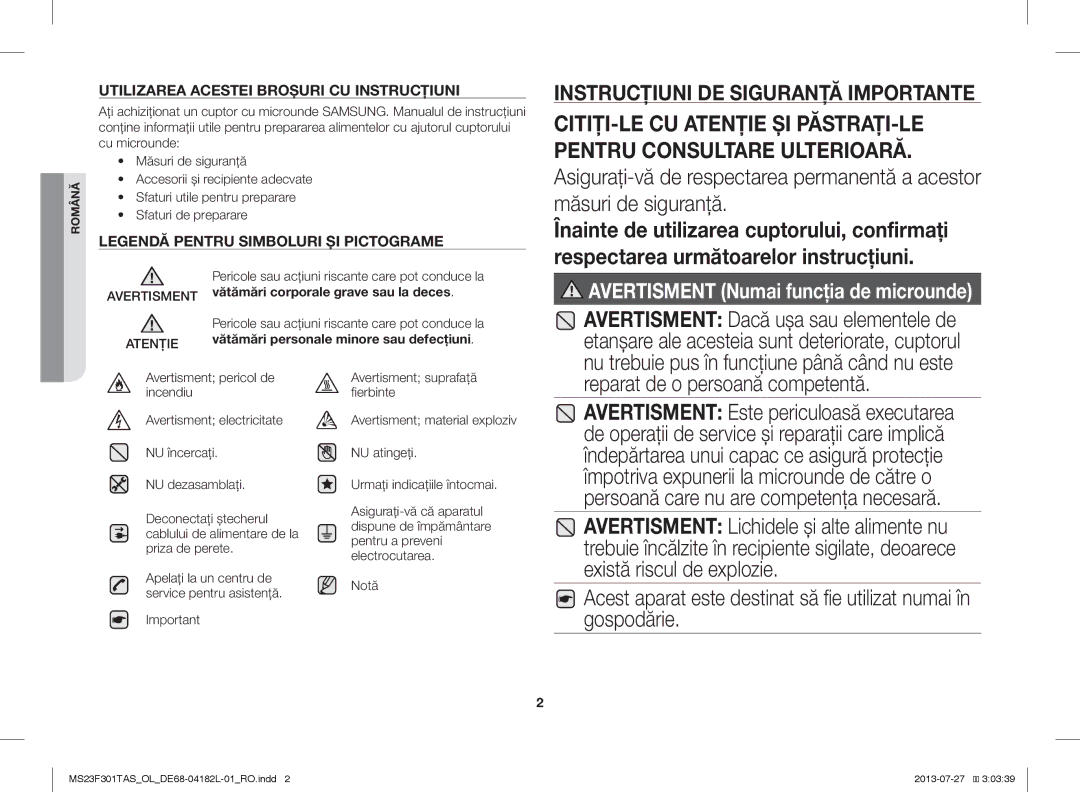 Samsung MS23F301TAK/ZA, MS23F301TAS/EO, MS23F301TAS/OL, MS23F301TAK/OL Reparat de o persoană competentă, Avertisment Atenţie 