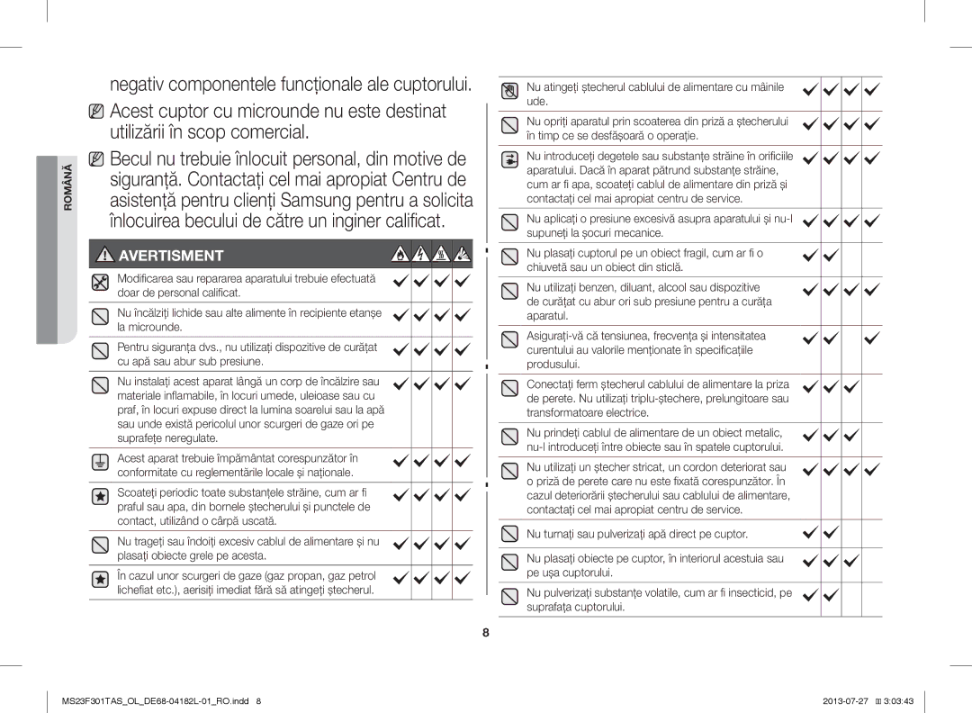 Samsung MS23F301TAS/EO, MS23F301TAK/ZA, MS23F301TAS/OL, MS23F301TAK/OL manual Negativ componentele funcţionale ale cuptorului 