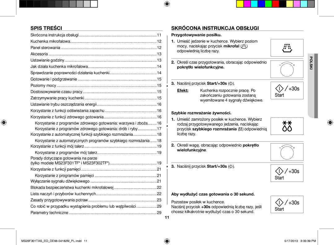 Samsung MS23F301TFK/EO Spis treŚcI, SKrócONa INStruKcJa ObSługI, Przygotowywanie posiłku, Szybkie rozmrażanie żywności 