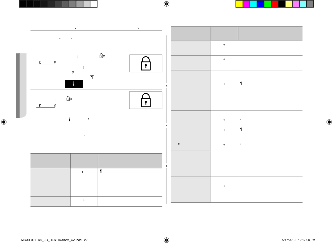 Samsung MS23F301TAS/OL, MS23F301TAS/EO, MS23F301TFK/EO manual BEzpEČNosTNí zámEk mIkrovlNNé Trouby, PokyNy pro vÝbĚr NáDobí 