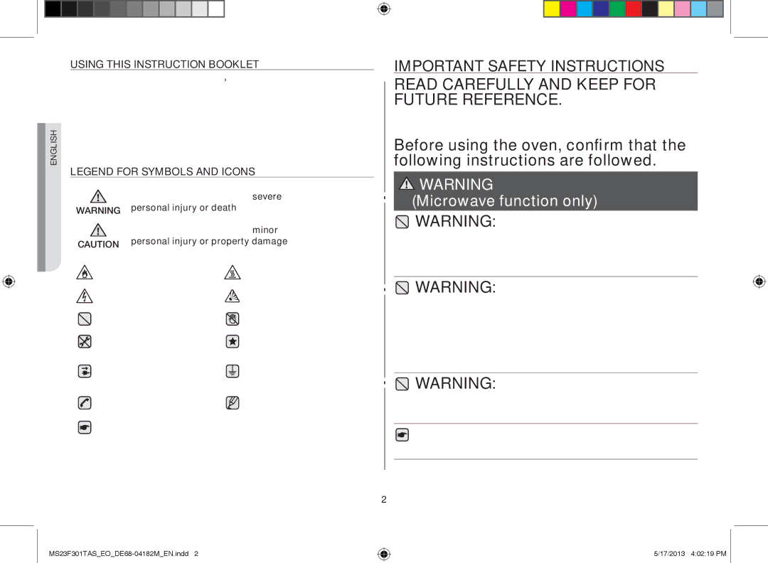 Samsung MS23F301TAS/OL, MS23F301TAS/EO REad carEfULLy aNd kEEp for fUTUrE rEfErENcE, Personal injury or property damage 