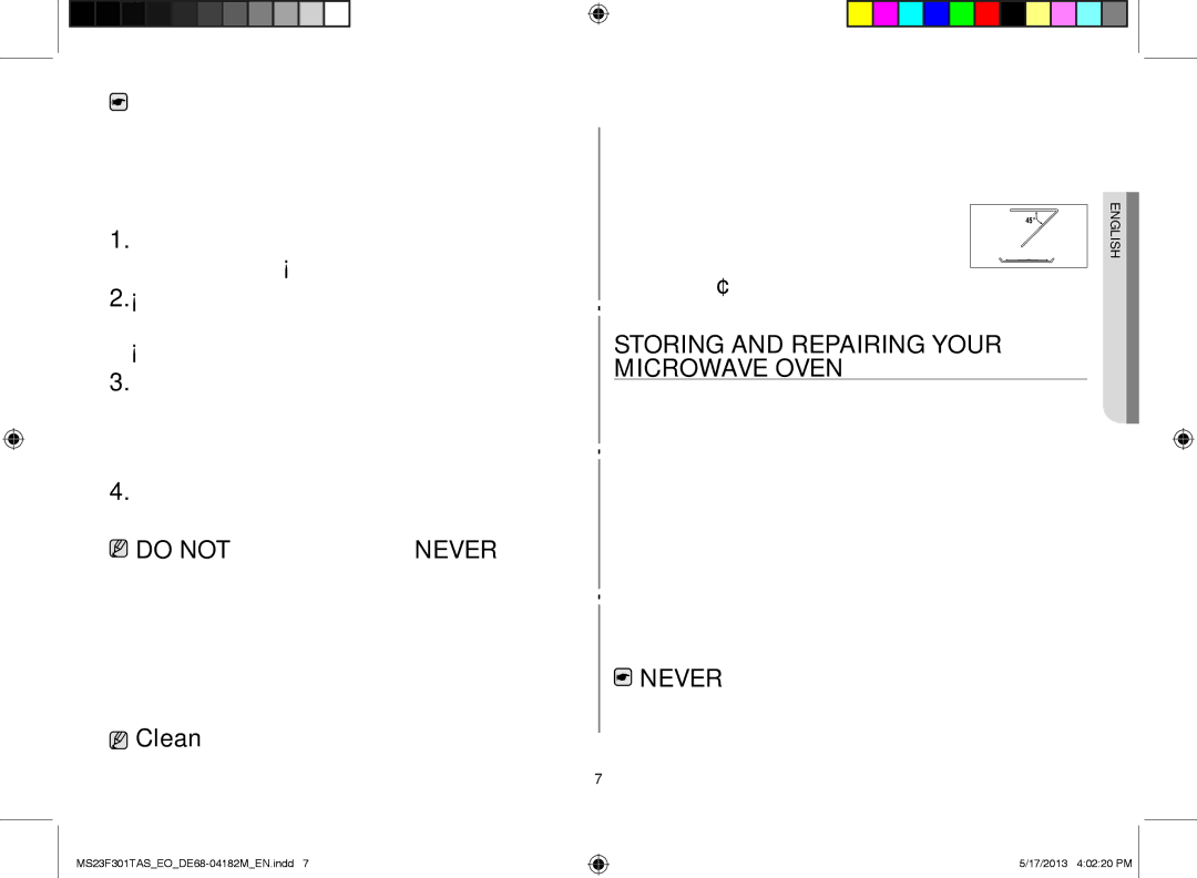 Samsung MS23F301TAS/EO, MS23F301TAS/OL, MS23F301TFK/EO manual STorING aNd rEpaIrING yoUr mIcroWavE ovEN 