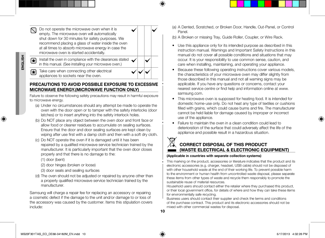 Samsung MS23F301TAS/EO, MS23F301TAS/OL, MS23F301TFK/EO manual Applicable in countries with separate collection systems 