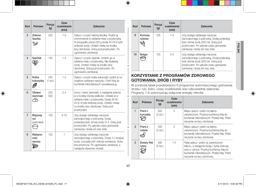 Samsung MS23F301TFK/EO, MS23F301TAS/EO, MS23F301TAS/OL KOrzyStaNIe z PrOgramóW zdrOWegO gOtOWaNIa drób I ryby, Kod Potrawa 