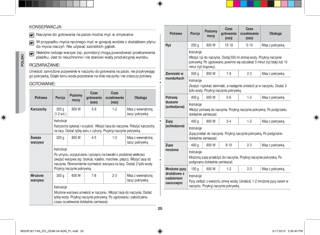 Samsung MS23F301TFK/EO, MS23F301TAS/EO, MS23F301TAS/OL manual Konserwacja, Rozmrażanie, Gotowanie 