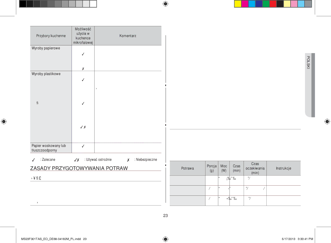 Samsung MS23F301TFK/EO ZaSady PrzygOtOWyWaNIa POtraW, Mikrofale, Jedzenie, które można gotować w kuchence mikrofalowej 