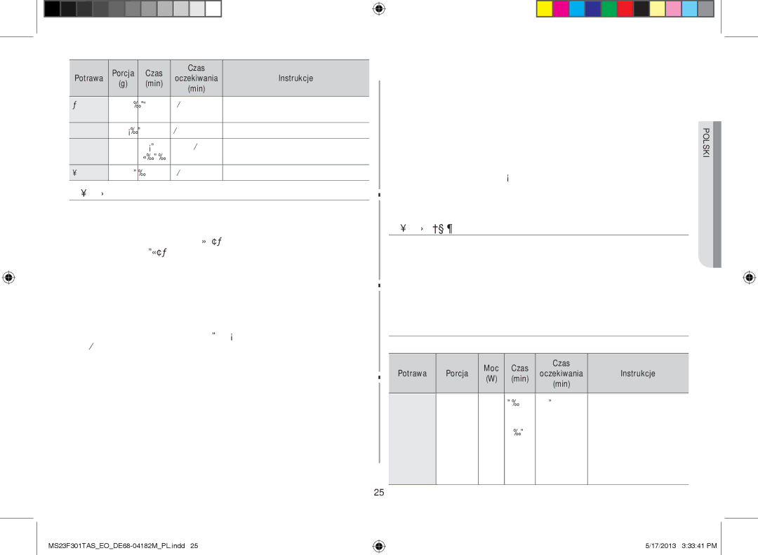 Samsung MS23F301TAS/OL, MS23F301TAS/EO, MS23F301TFK/EO manual Podgrzewanie Płynów, Czas Potrawa 