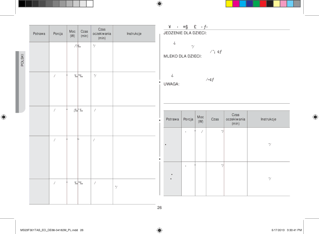 Samsung MS23F301TFK/EO, MS23F301TAS/EO, MS23F301TAS/OL manual Podgrzewanie Odżywek DLA Dzieci 