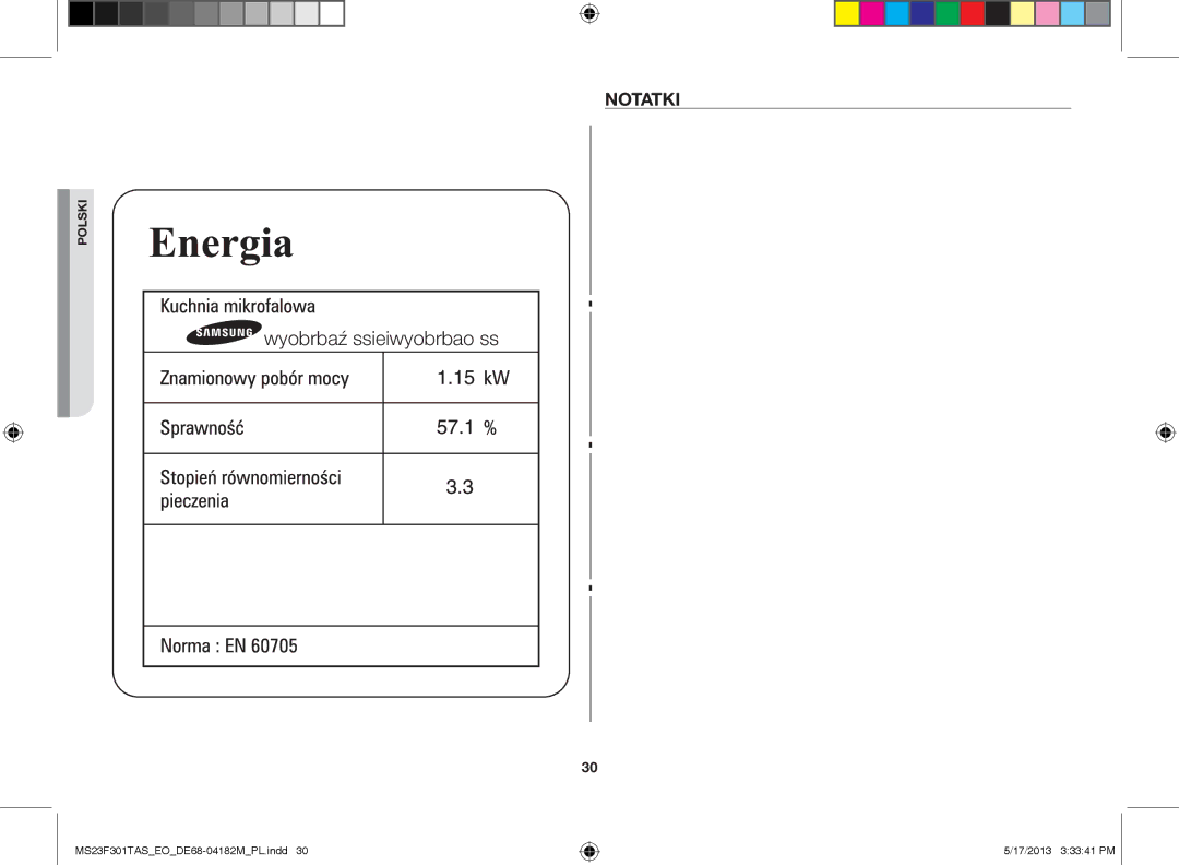 Samsung MS23F301TAS/EO, MS23F301TAS/OL, MS23F301TFK/EO manual MG23F301E** , MG23F302E, NOtatKI 