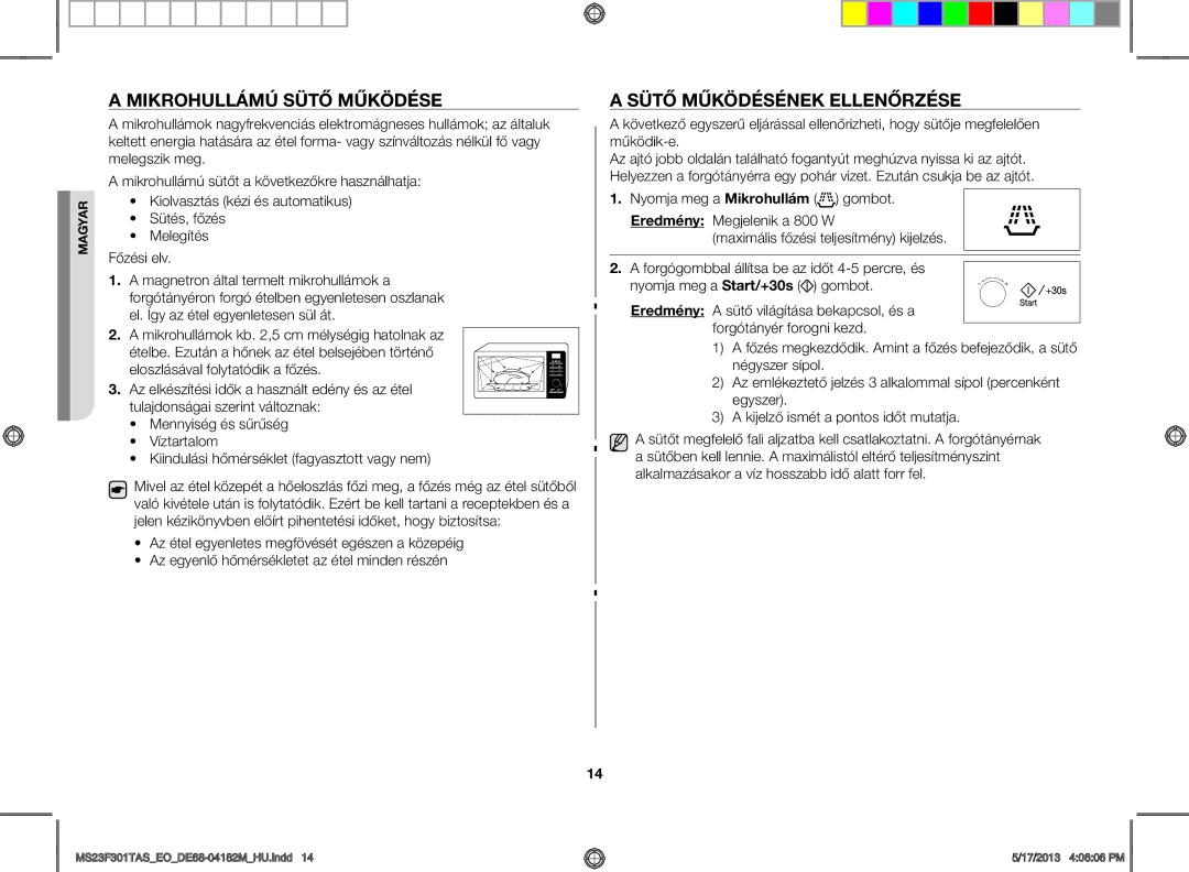 Samsung MS23F301TAS/OL, MS23F301TAS/EO, MS23F301TFK/EO manual MikRohulláMú sÜtő MűköDÉse, SÜtő MűköDÉsÉnek ellenőRzÉse 