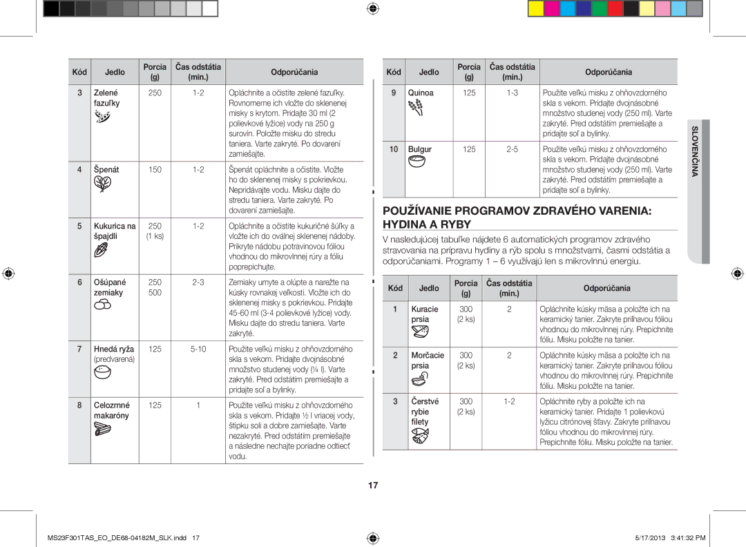 Samsung MS23F301TAS/EO, MS23F301TAS/OL, MS23F301TFK/EO manual POužíVANIE PrOgrAmOV zdrAVéHO VArENIA HydINA a ryby, Kód Jedlo 