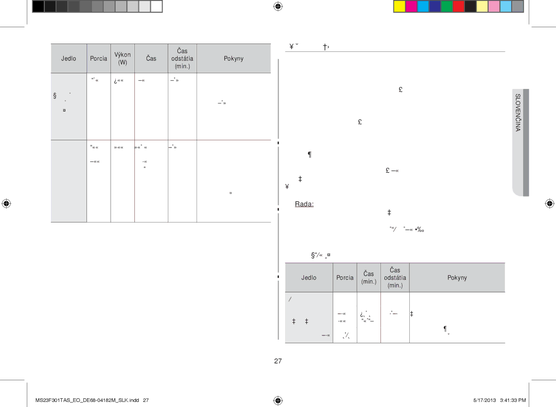 Samsung MS23F301TAS/OL, MS23F301TAS/EO, MS23F301TFK/EO manual Ručné Rozmrazovanie, Čas Jedlo 