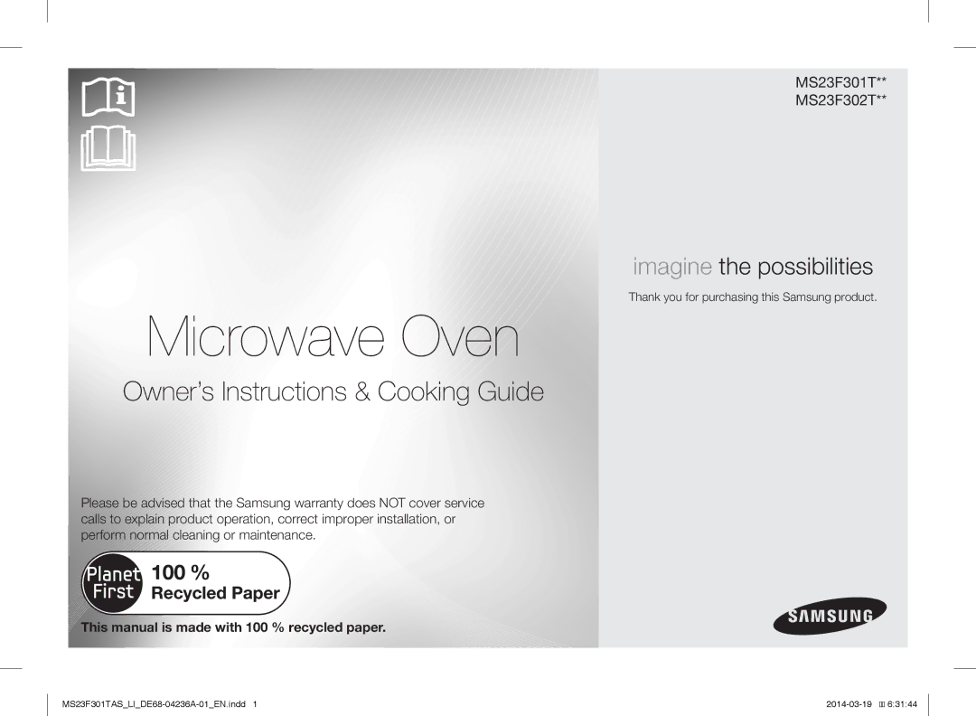 Samsung MS23F301TAK/LI, MS23F301TAW/LI manual Microwave Oven, Thank you for purchasing this Samsung product 