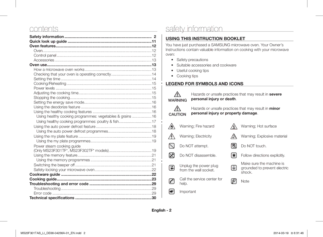 Samsung MS23F301TAW/LI, MS23F301TAK/LI manual Safety information, Contents 