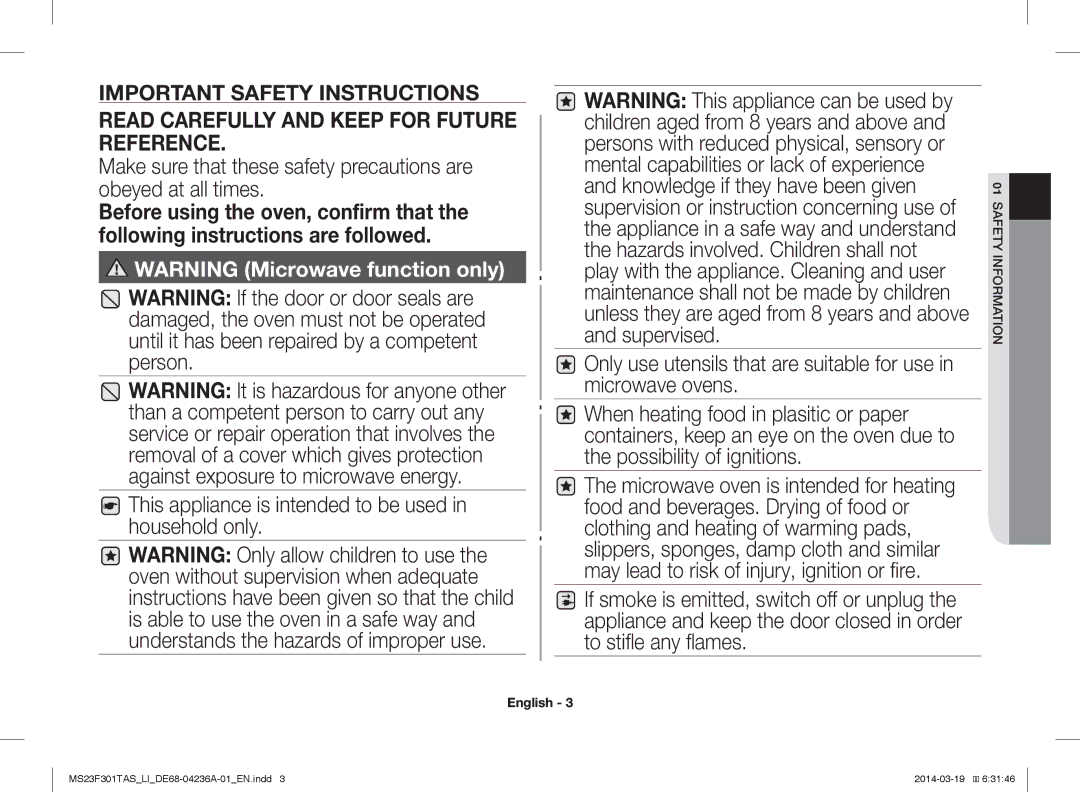 Samsung MS23F301TAK/LI, MS23F301TAW/LI manual Read Carefully and Keep for Future Reference 