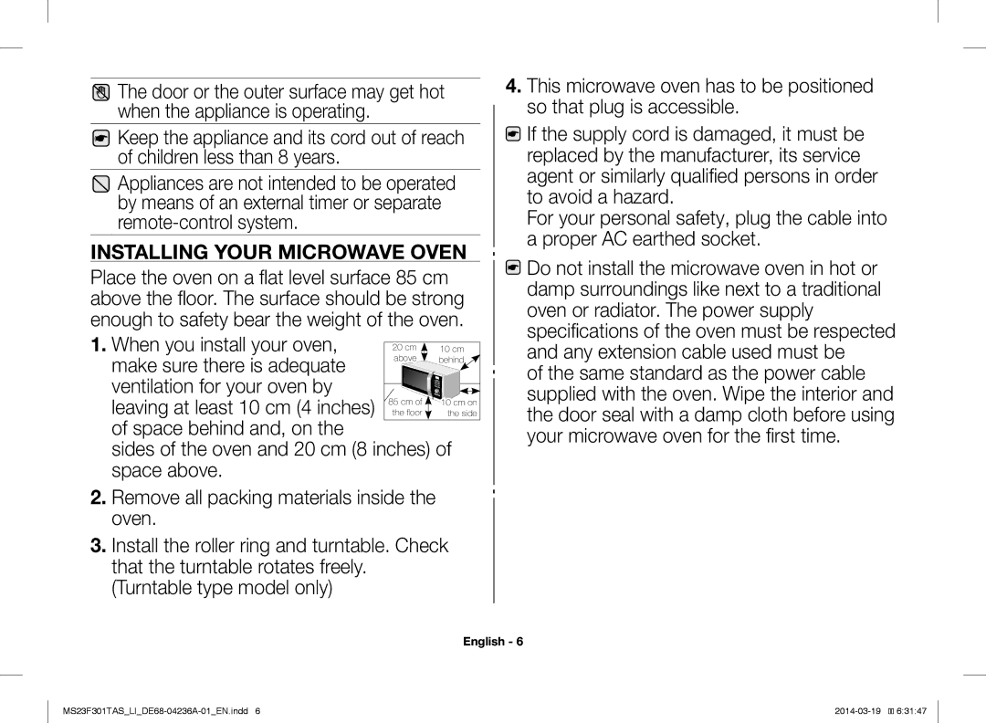 Samsung MS23F301TAW/LI, MS23F301TAK/LI manual Installing Your Microwave Oven 