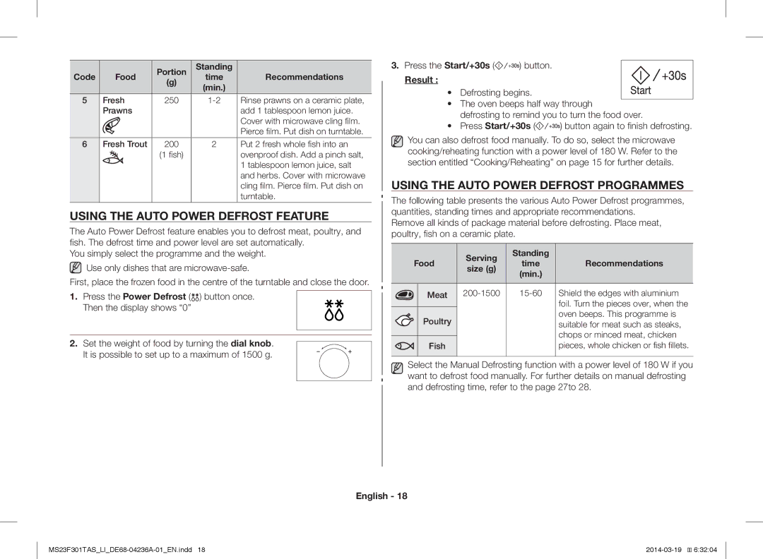 Samsung MS23F301TAW/LI, MS23F301TAK/LI Using the Auto Power Defrost Feature, Using the Auto Power Defrost Programmes, Min 