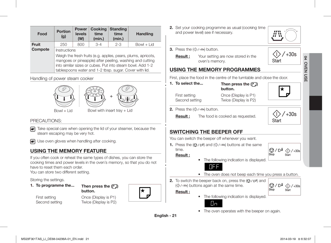 Samsung MS23F301TAK/LI manual Using the Memory Programmes, Switching the Beeper OFF, Using the Memory Feature, Precautions 