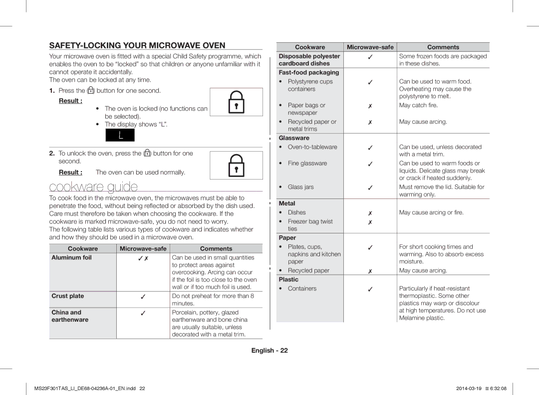 Samsung MS23F301TAW/LI, MS23F301TAK/LI manual Cookware guide, SAFETY-LOCKING Your Microwave Oven 