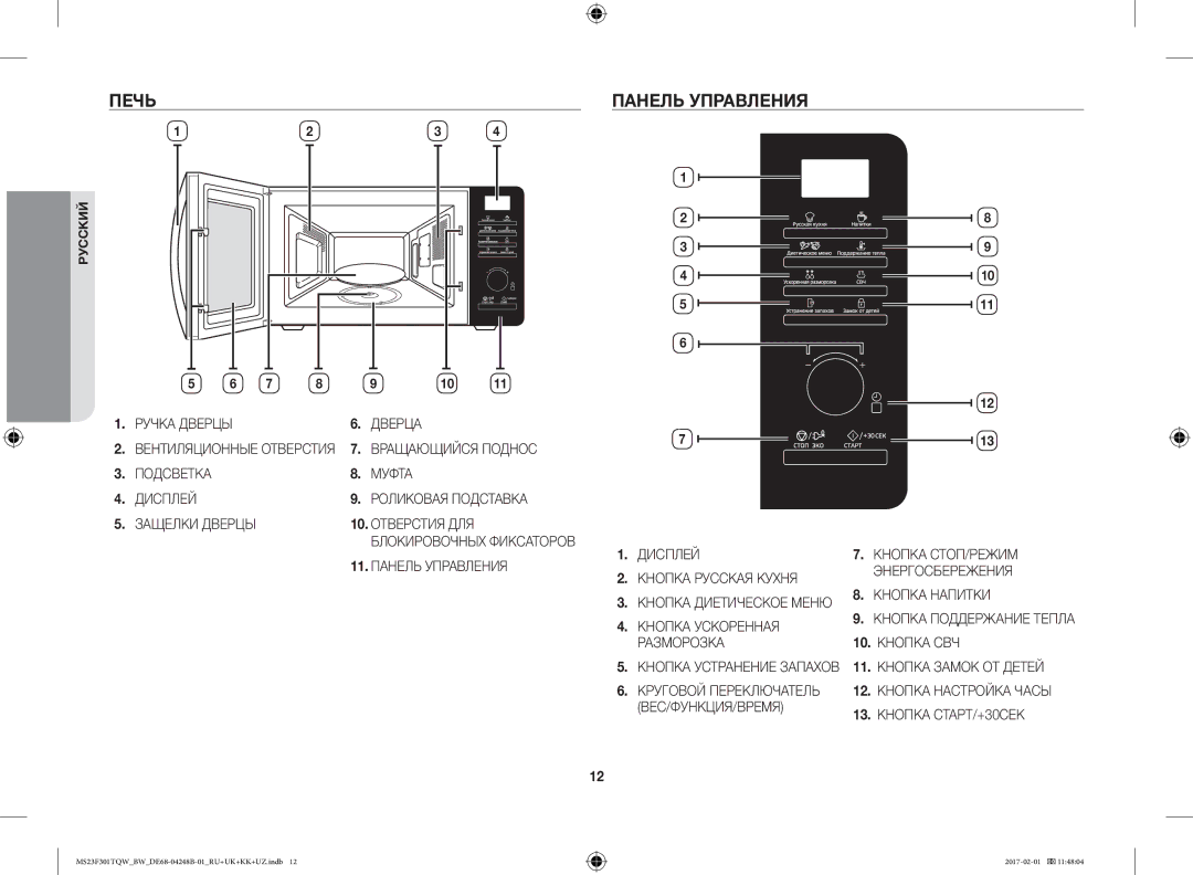 Samsung MS23F301TQR/BW, MS23F302TQS/BW, MS23F302TQK/BW, MS23F301TQW/BW manual Печь, Панель Управления 