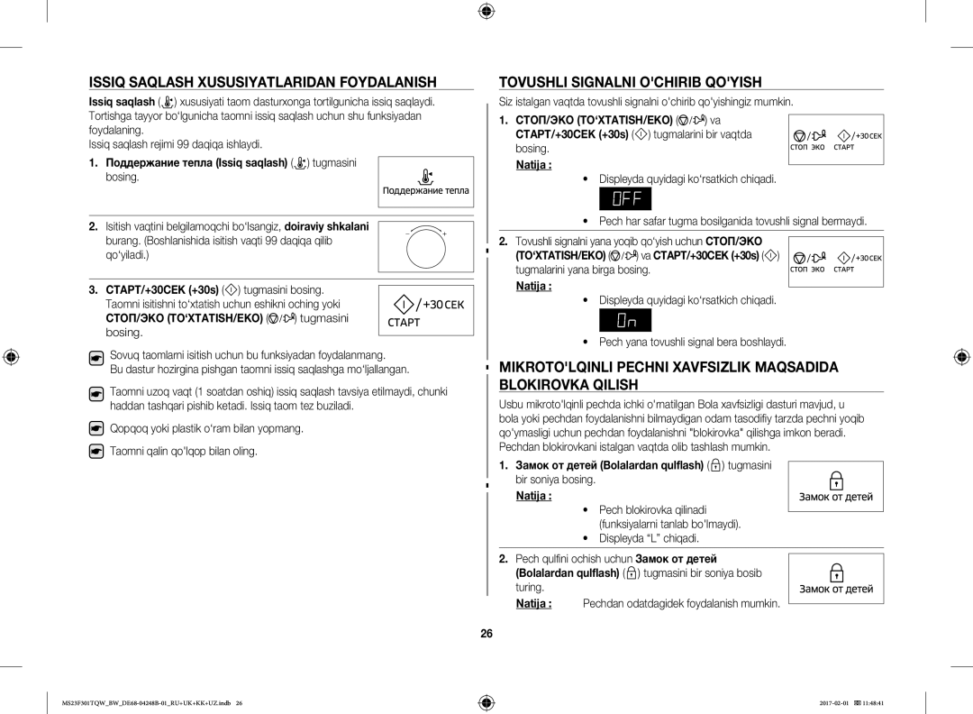 Samsung MS23F302TQK/BW, MS23F301TQR/BW manual Issiq Saqlash Xususiyatlaridan Foydalanish, Tovushli Signalni Ochirib Qoyish 