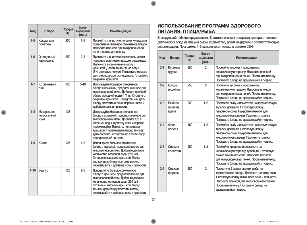 Samsung MS23F301TQR/BW, MS23F302TQS/BW, MS23F302TQK/BW Использование Программ Здорового Питания ПТИЦА/РЫБА, Порция Время 