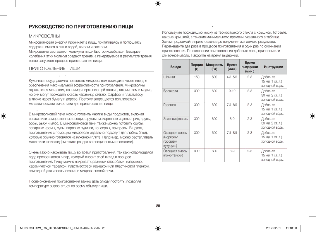 Samsung MS23F301TQR/BW, MS23F302TQS/BW, MS23F302TQK/BW Руководство ПО Приготовлению Пищи, Микроволны, Приготовление Пищи 