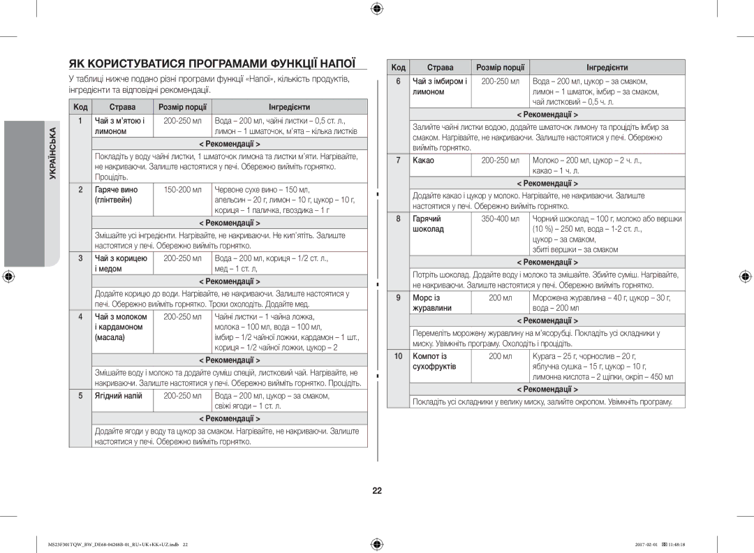 Samsung MS23F302TQK/BW, MS23F301TQR/BW, MS23F302TQS/BW, MS23F301TQW/BW manual ЯК Користуватися Програмами Функції Напої 