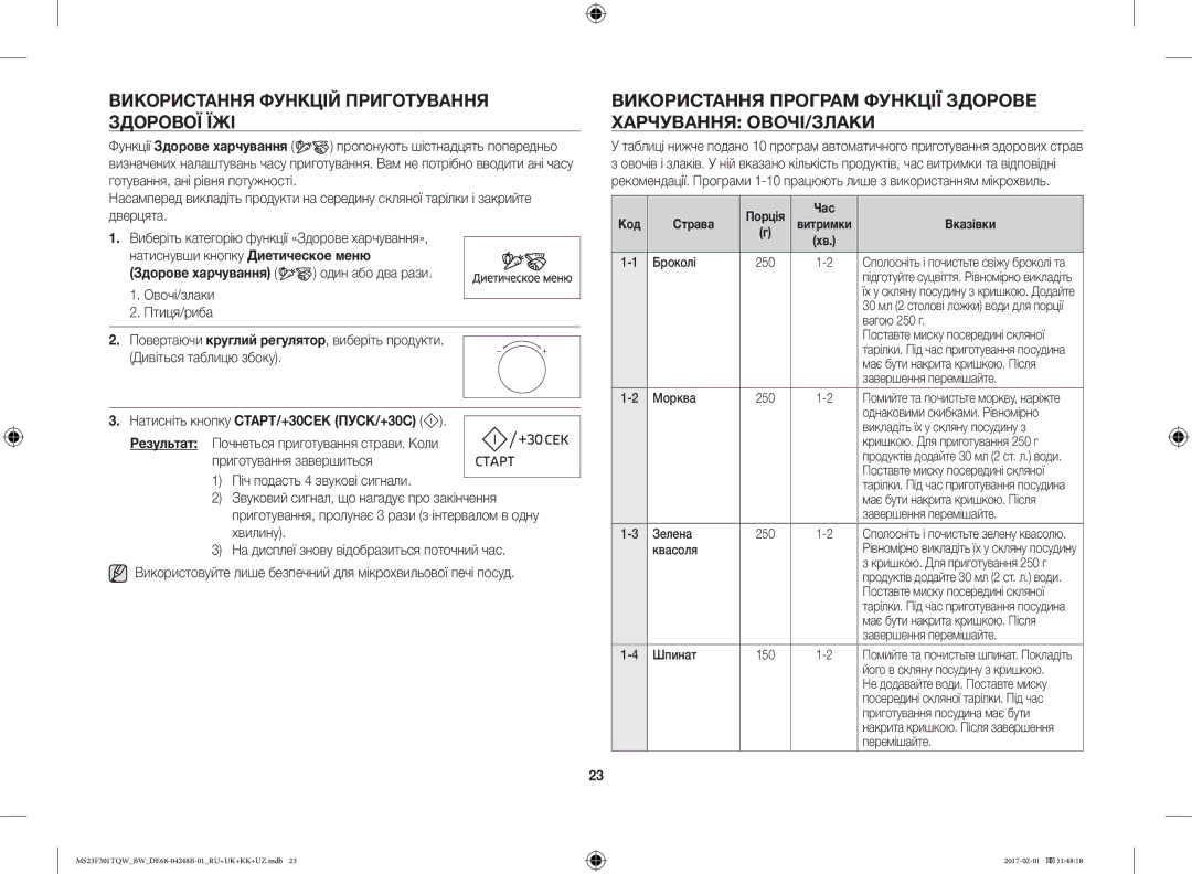 Samsung MS23F301TQW/BW Використання Функцій Приготування Здорової ЇЖІ, Здорове харчування один або два рази, Час, Вказівки 