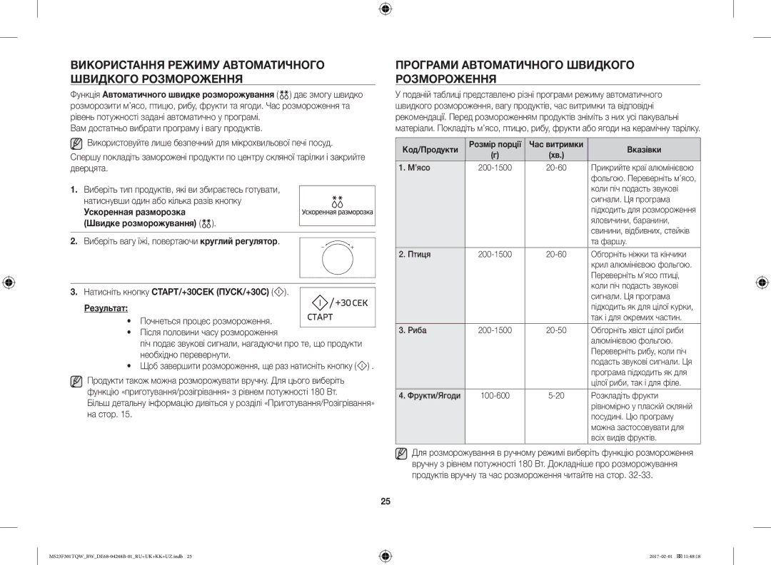 Samsung MS23F302TQS/BW, MS23F301TQR/BW manual Використання Режиму Автоматичного Швидкого Розмороження, Код/Продукти 