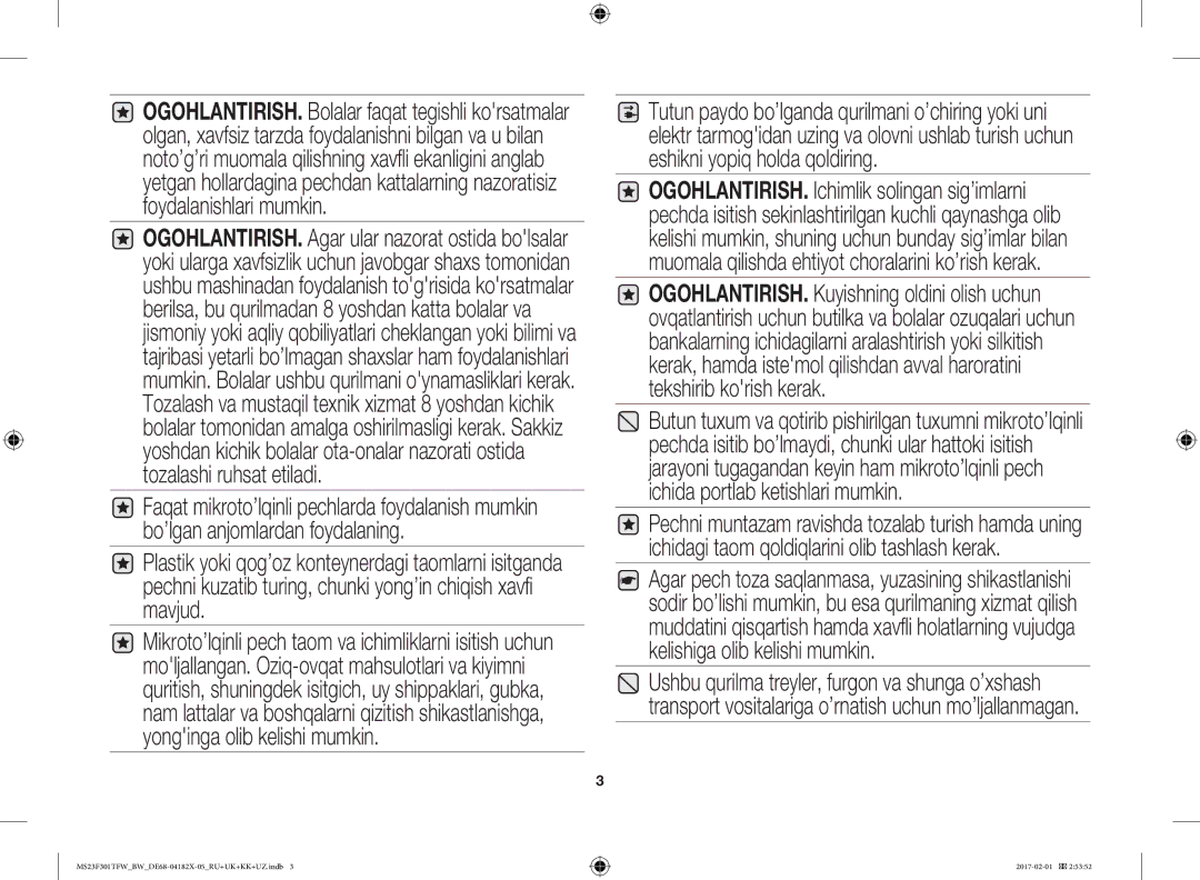 Samsung MS23F301TAW/BW, MS23F302TAS/BW, MS23F301TFW/BW, MS23F302TAK/BW manual Ozbek 