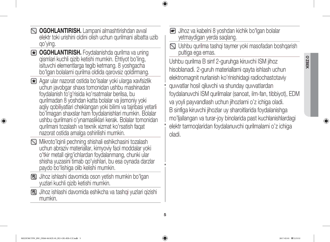 Samsung MS23F301TFW/BW, MS23F302TAS/BW, MS23F302TAK/BW, MS23F301TAW/BW manual Ozbek 