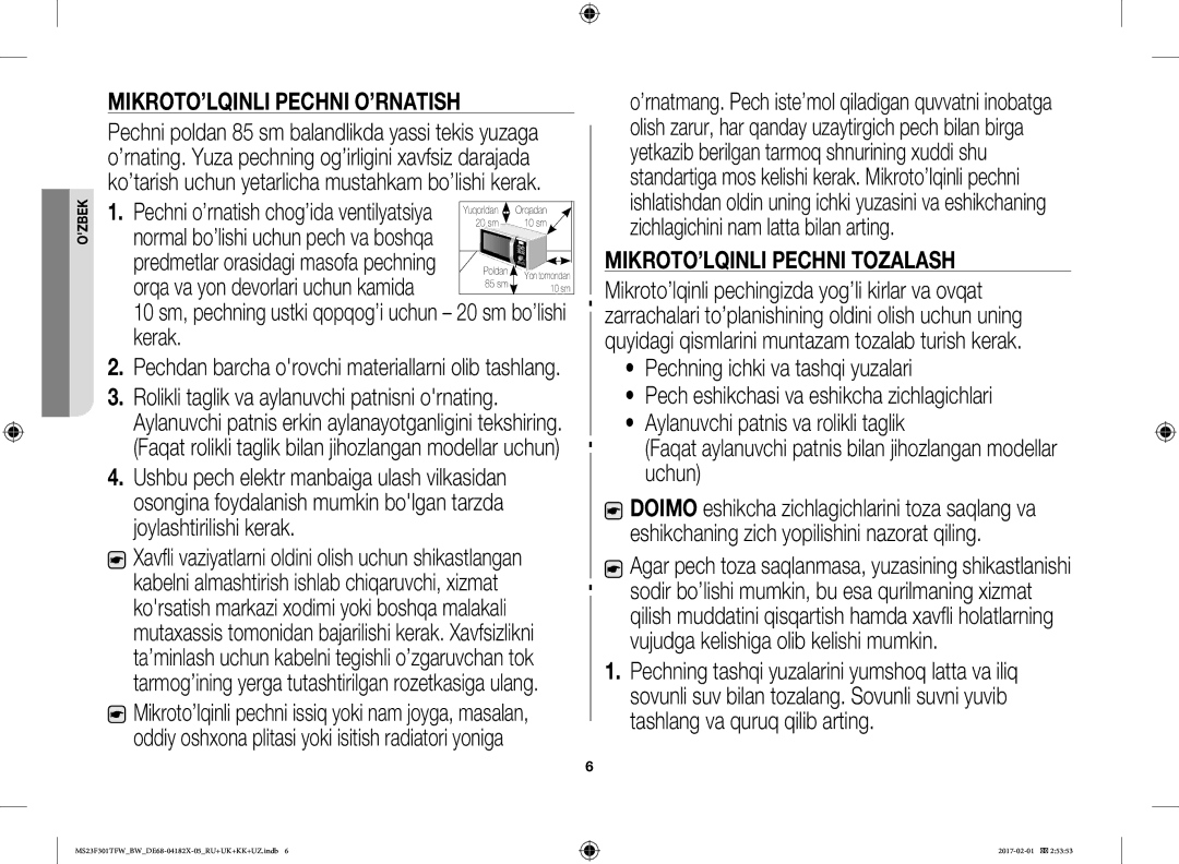 Samsung MS23F302TAK/BW manual MIKROTO’LQINLI Pechni O’RNATISH, 10 sm, pechning ustki qopqog’i uchun 20 sm bo’lishi kerak 